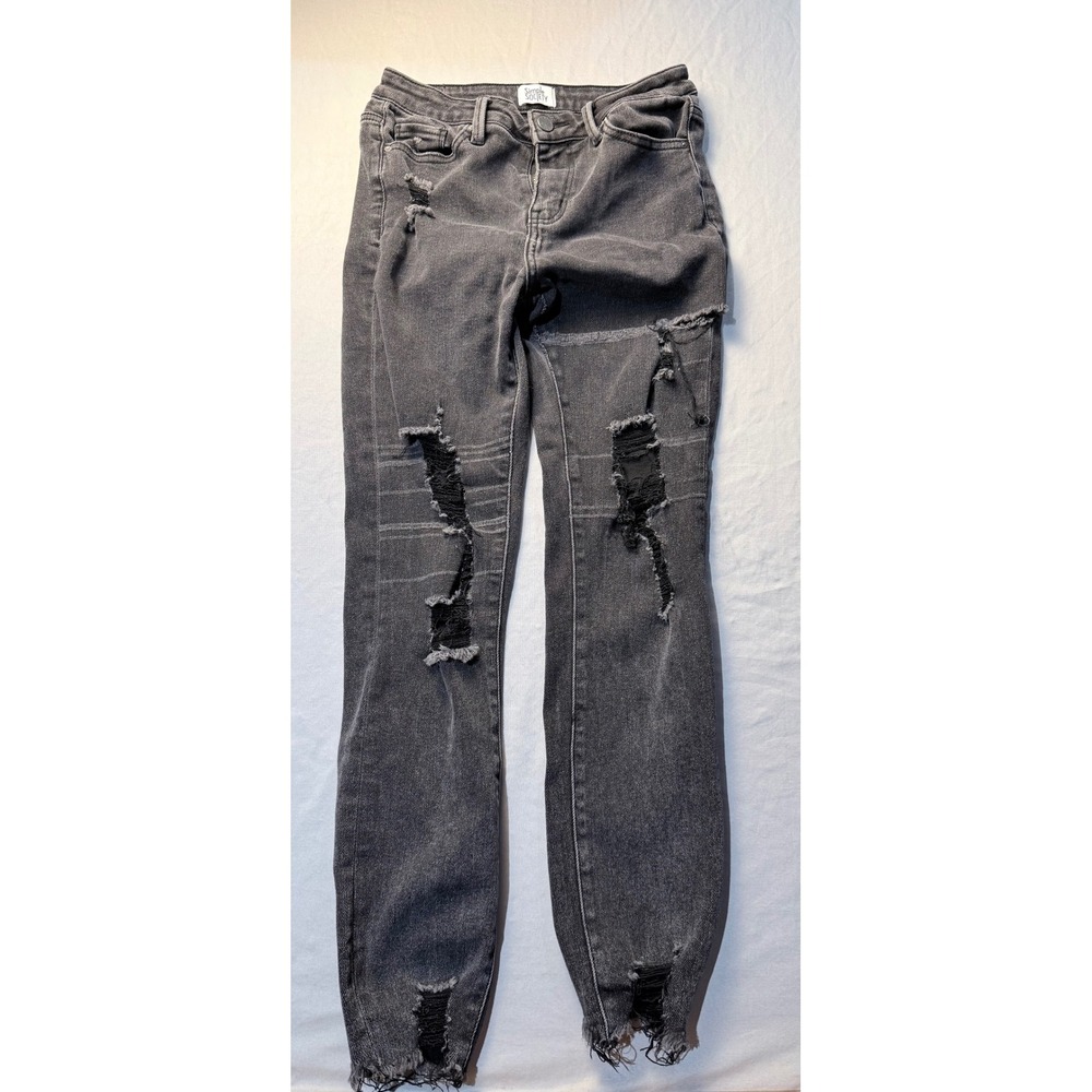 Simple Society‎ Womens Distressed Skinny Jeans Frayed Hem Faded Black Size 5/27
